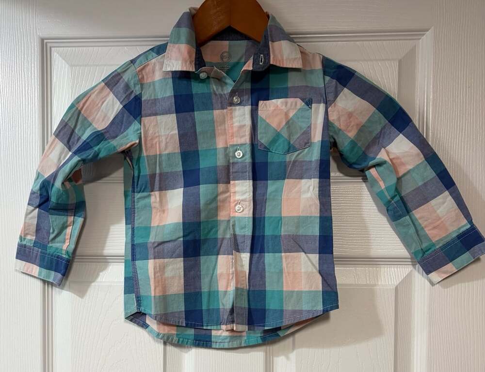 Wonder Nation Long Sleeve Plaid Button Down Shirt Size 3T Blue Teal Pink